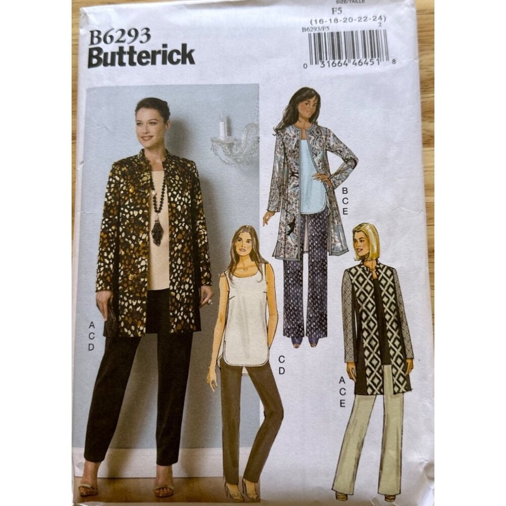 Butterick B6293 Sewing Pattern F5 (16–24) Jacket Tunic Pants Uncut Easy